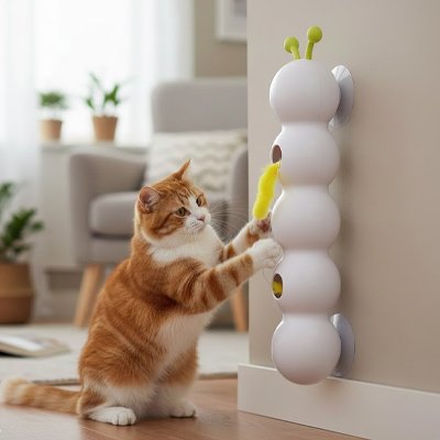 chat qui joue avec jouet chat interactif adosser au mur