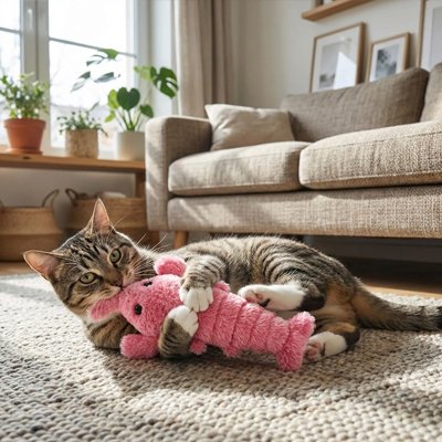 peluche pour chat se fait mordiller par un chat