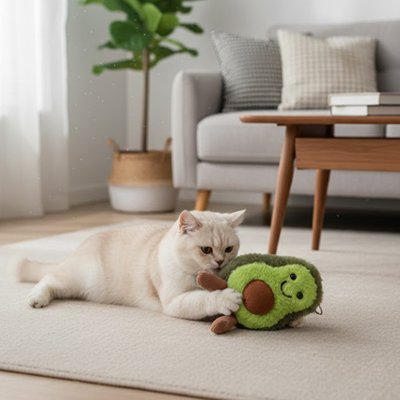 un chat blanc joue avec la peluche chat