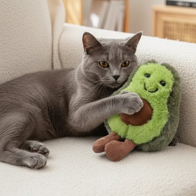 un chat tiens une peluche pour chat forme avocat